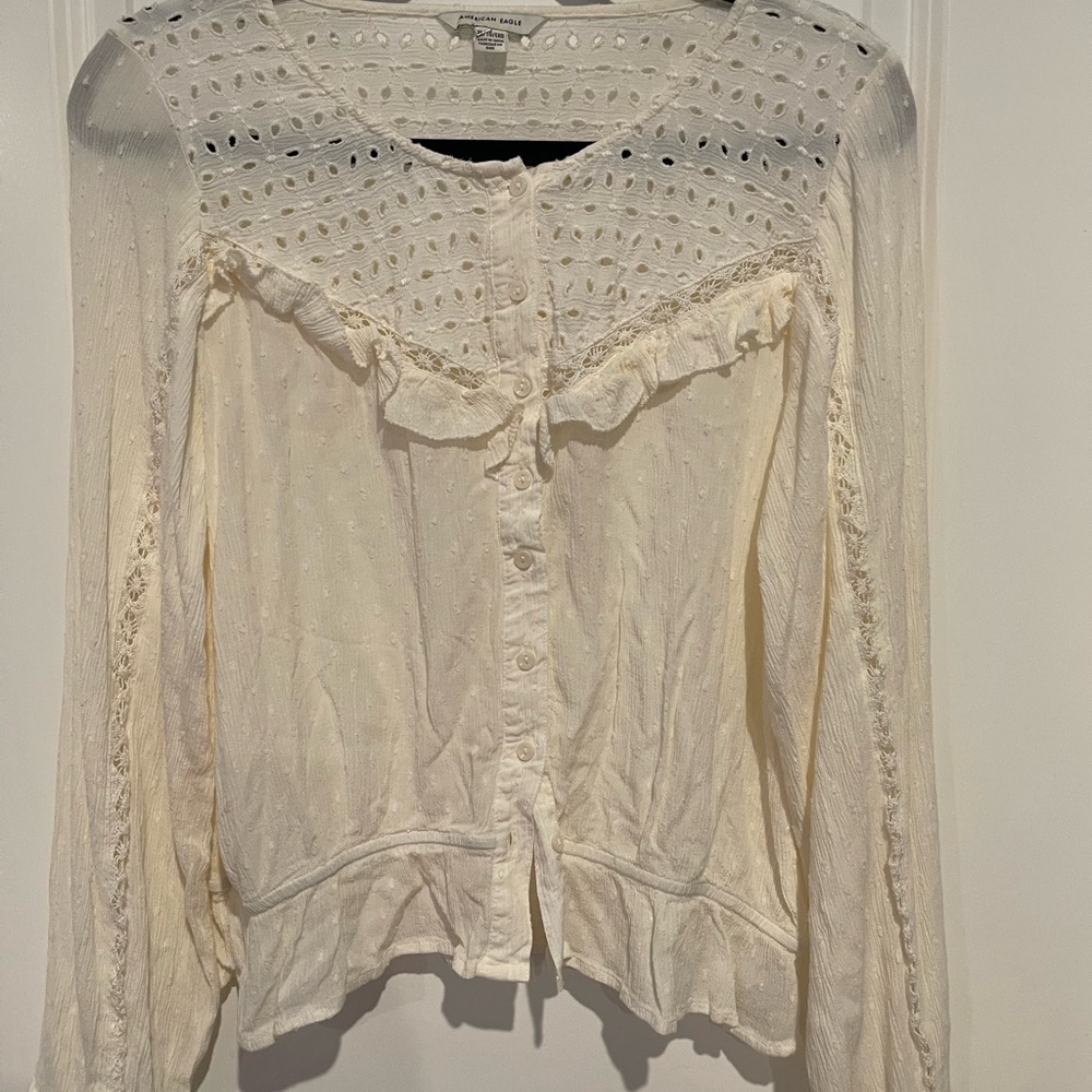 American Eagle Outfitters Cream Eyelet Ruffle Button-Up Blouse